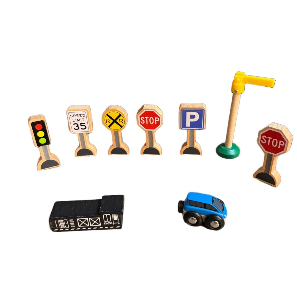 Wooden Road Signs and Vehicle Play Set 9 Piece Montessori Toy Train Accessories